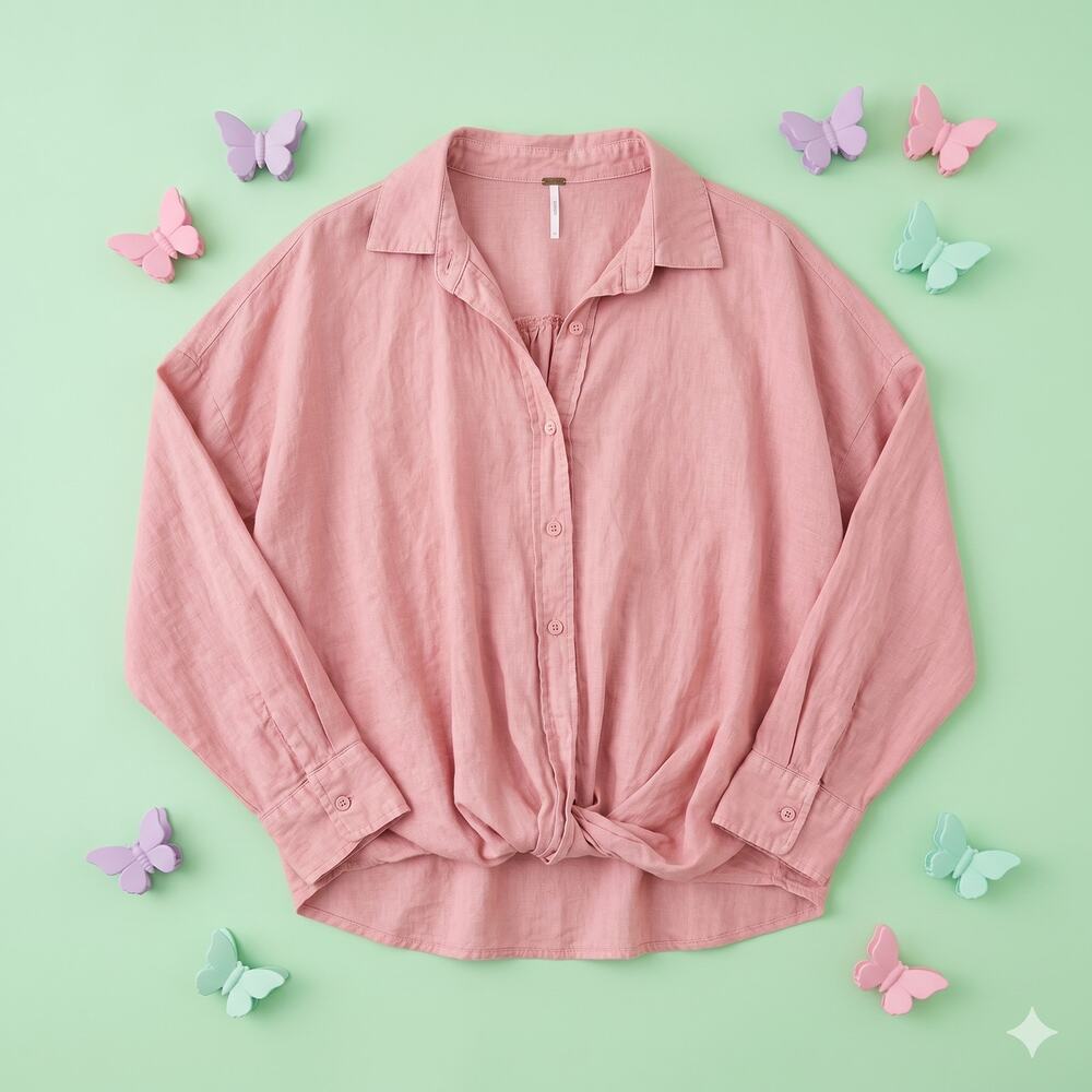 YFB Young Fabulous Broke Linen Blend Twist Button Top Pink Women Medium